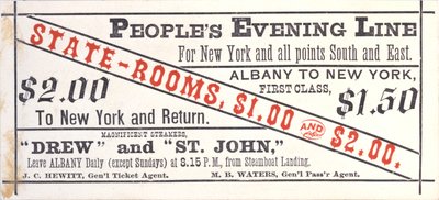 Ticket for the Peoples Evening Line, Albany to New York, recto by American School